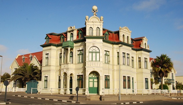 German-style colonial buildings in Swakopmund, Namibia, reflecting German influence in Africa.