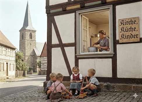 “Kirche, Küche, Kinder” translated bluntly as “church, kitchen, children,”